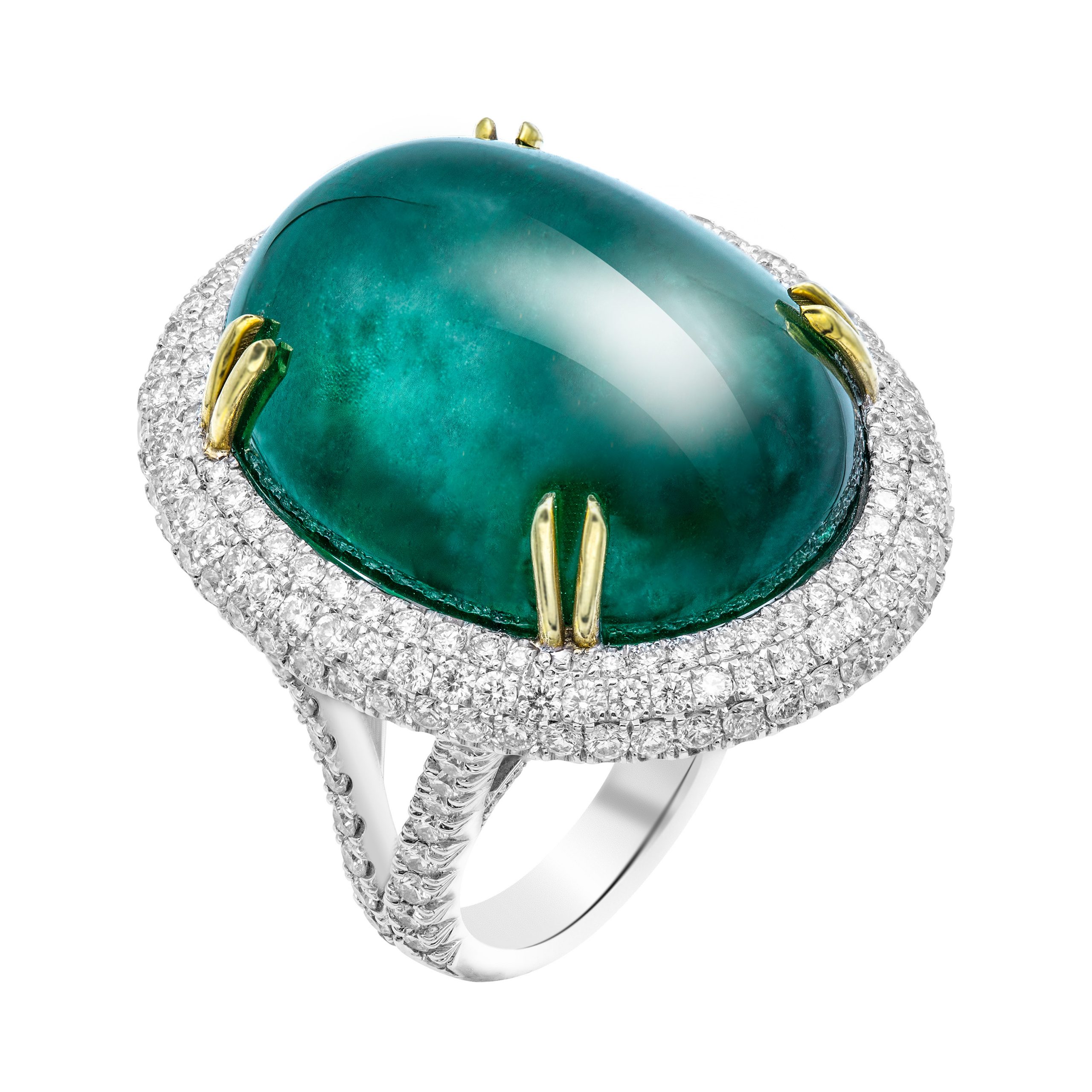 GIA Certified 50.6 Carat Oval Emerald Cabochon Diamond Cocktail Ring ...